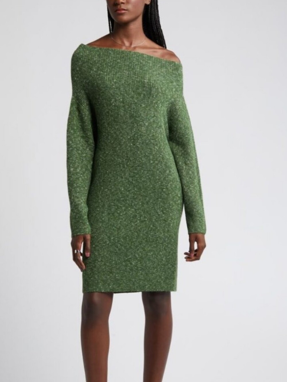Treasure & Bond Off Shoulder Long Sleeve Rib Sweater Dress Green Size XS